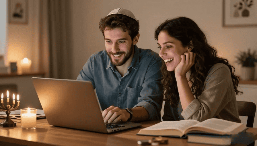 Couple suivant un cours de Torah en ligne sur un ordinateur