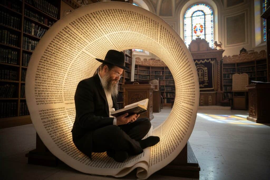 Homme étudiant la Torah sous une voûte de lumière
