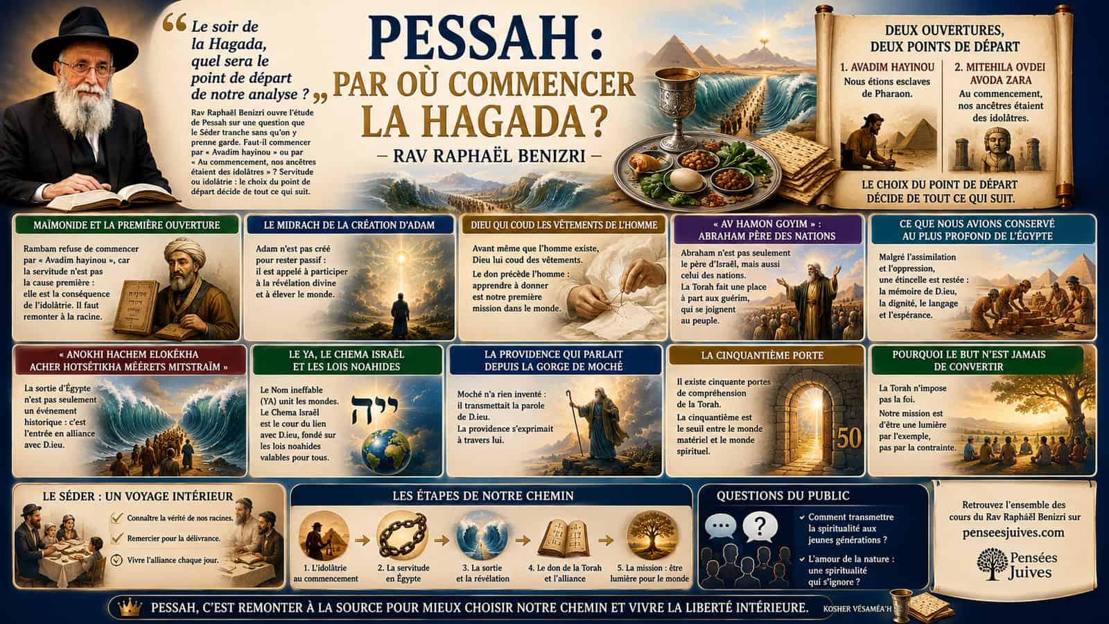 Pesach, where should the Haggadah begin: the two openings, Avadim hayinu and the idolatry of our ancestors, the crossing of the sea, the Seder plate. A lecture by Rav Raphaël Benizri.