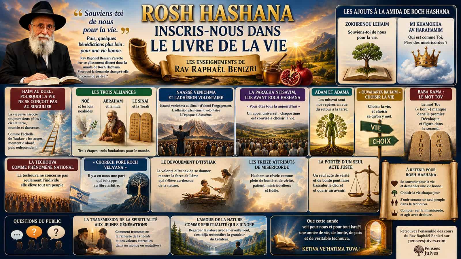 Roch Hachana, inscris-nous dans le livre de la vie : le chofar, l'échelle de Yaakov, les trois alliances, les treize attributs. Cours du Rav Raphaël Benizri.