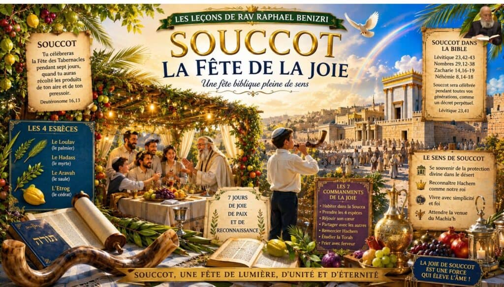 Souccot, la fête de la joie : soucca décorée, les quatre espèces, le Temple de Jérusalem. Cours du Rav Raphaël Benizri.