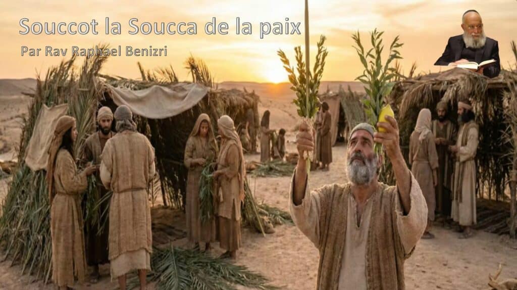 Souccot, la soucca de la paix : cabanes dans le désert au coucher du soleil, loulav et etrog levés. Cours du Rav Raphaël Benizri.