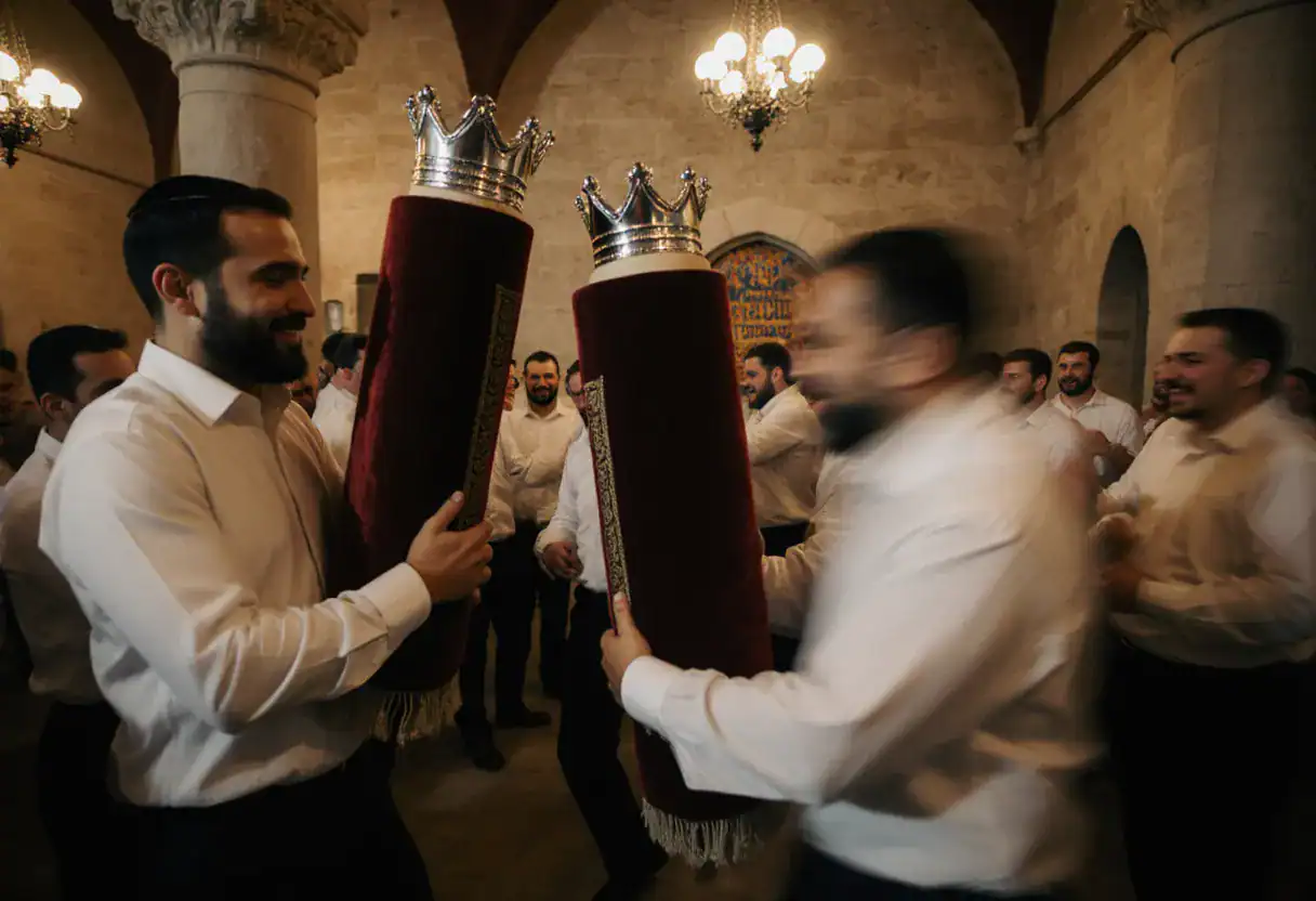 Les hakafot de Simhat Torah : on danse en cercle autour de la bima avec les rouleaux de la Torah