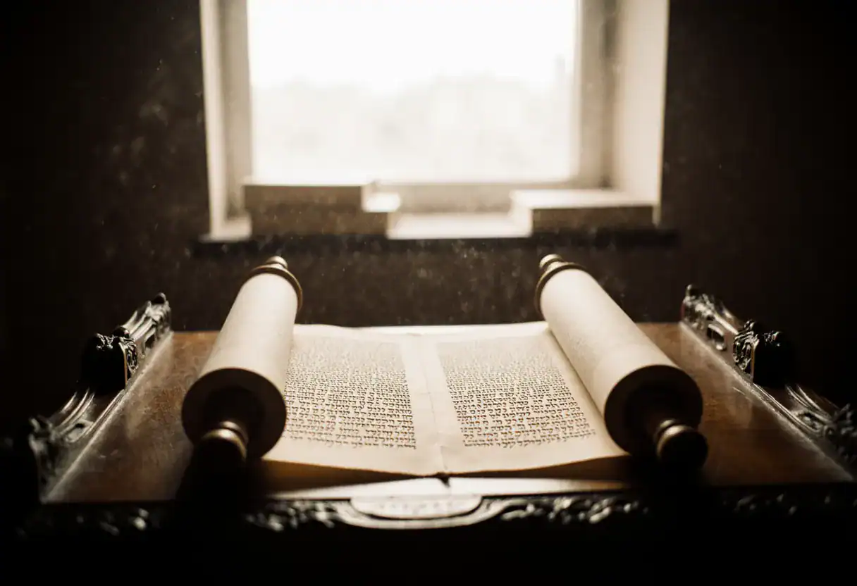 Un rouleau de la Torah ouvert sur la table de lecture d’une synagogue