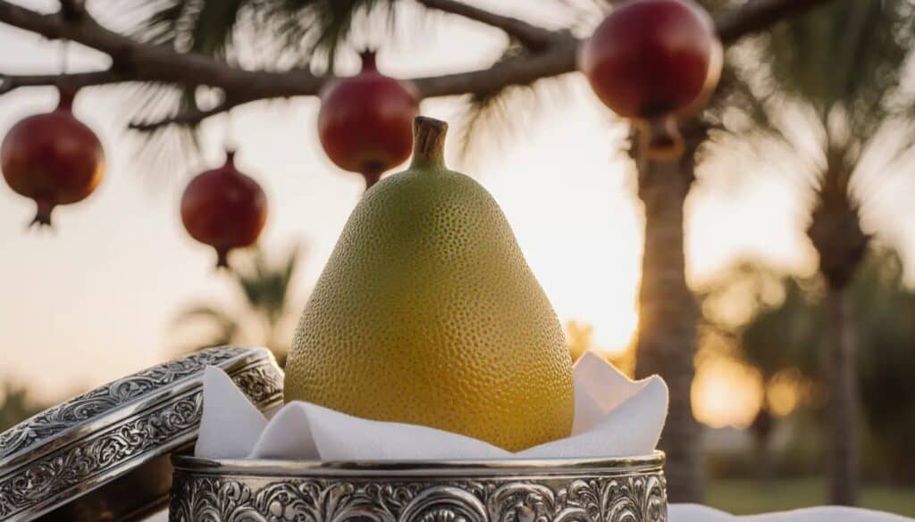 Un etrog posé dans sa boîte en argent, dans une soucca