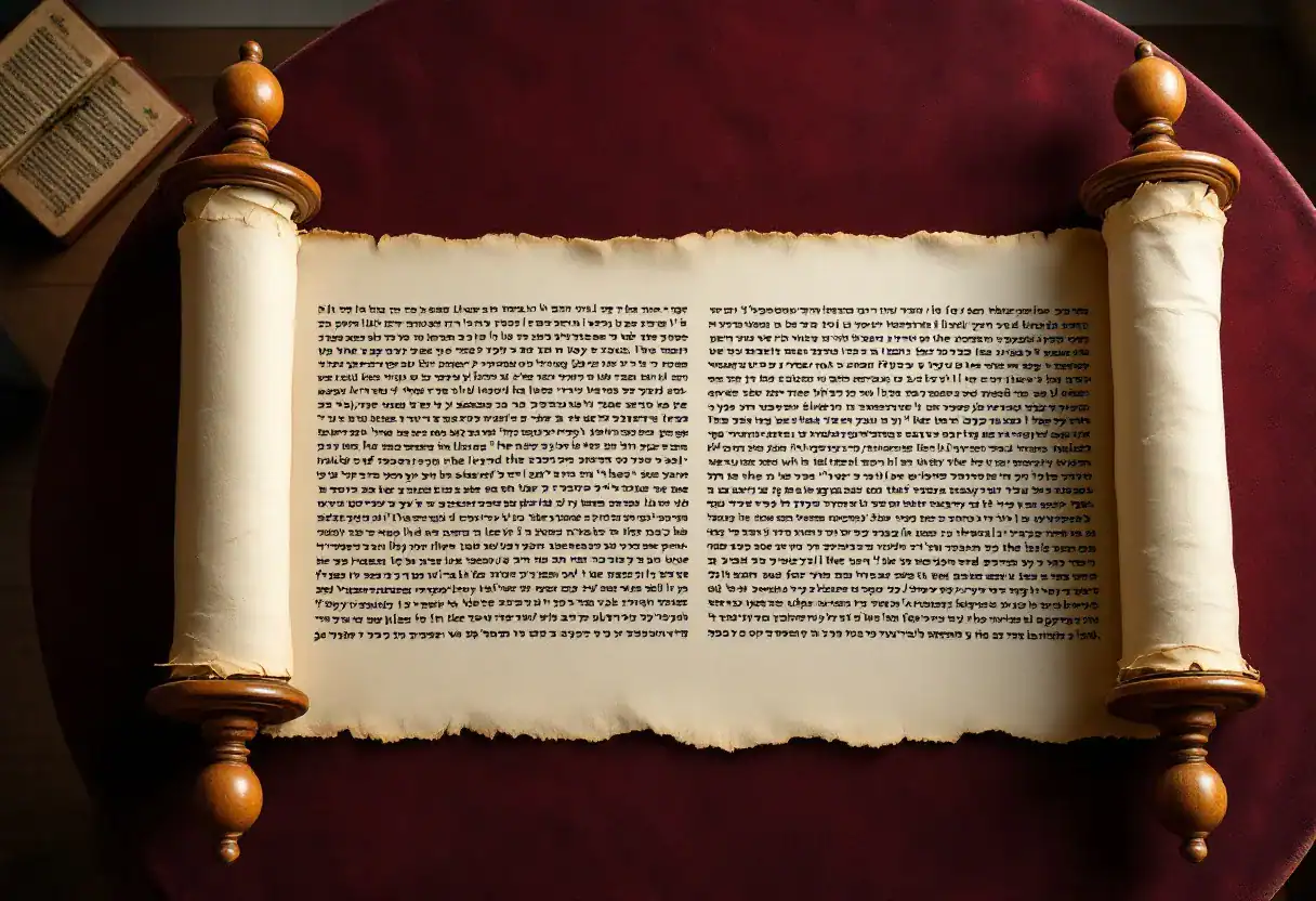 Un rouleau de la Torah ouvert sur la table de lecture d'une synagogue, avant la lecture de la parasha du Chabbat