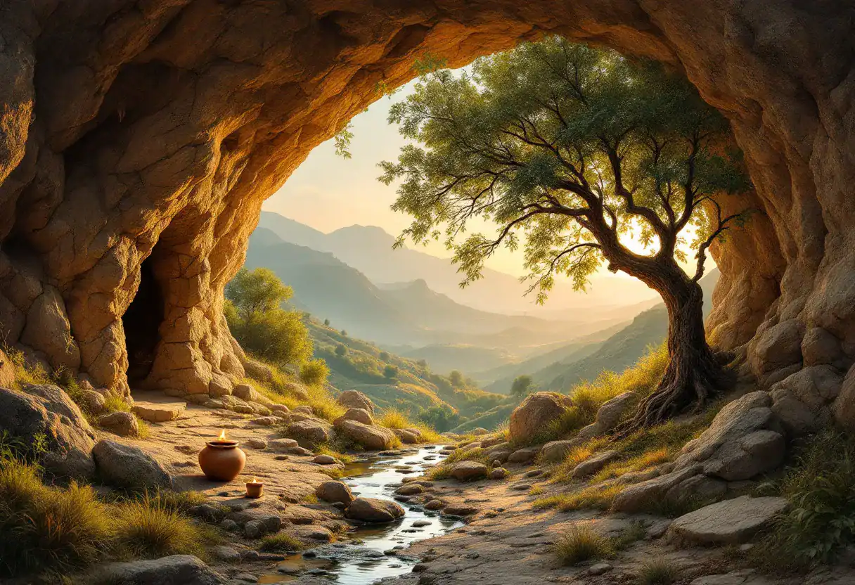 L'entrée d'une grotte dans les collines de Galilée, avec un caroubier et une source : l'image du récit de Rabbi Chimon bar Yohaï et de son fils