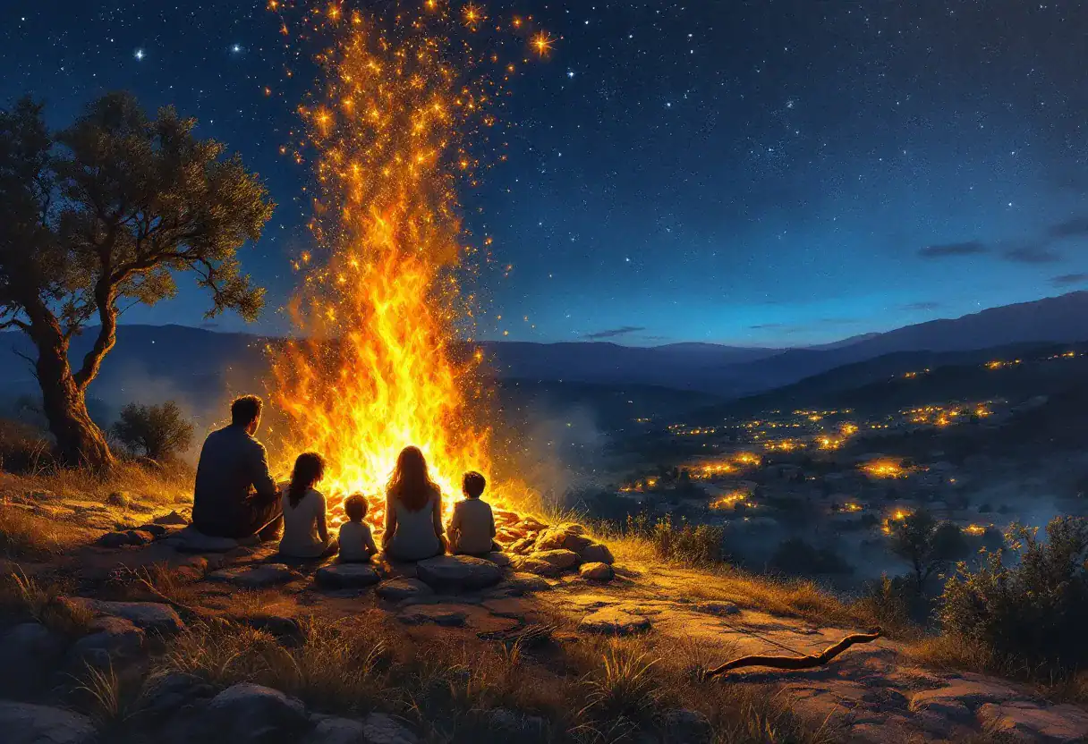Un feu de Lag BaOmer sur une colline de Galilée, avec un arc d'enfant posé dans l'herbe : les deux symboles de la fête