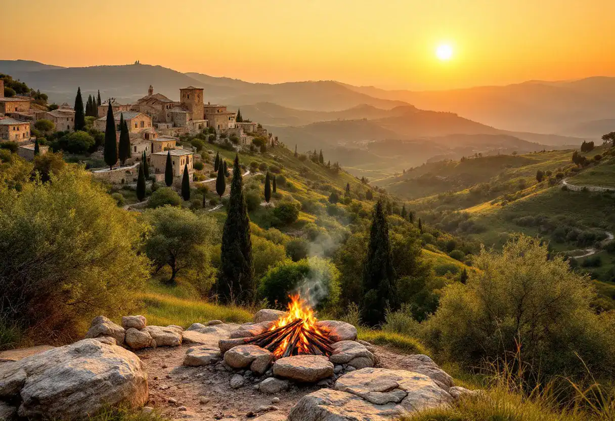 Collines de Galilée au coucher du soleil et un feu allumé sur les rochers