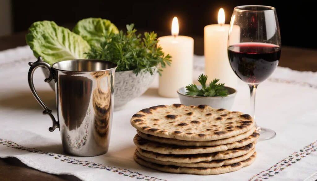 Matsot, coupe de vin et herbes amères sur la table du Séder