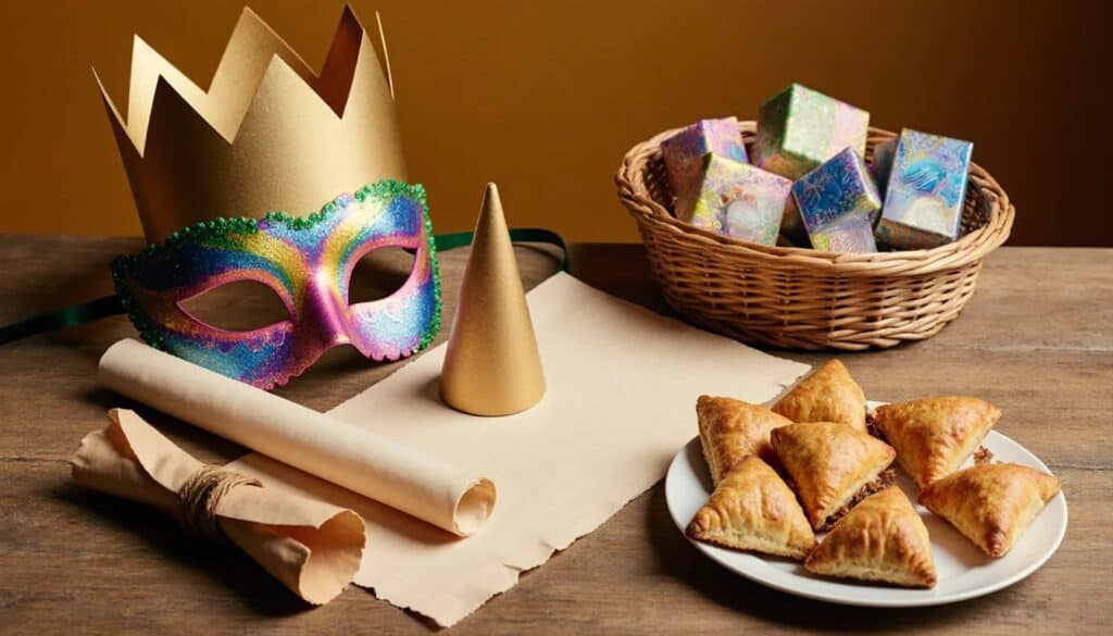 Masque, couronne, rouleau et gâteaux de Pourim