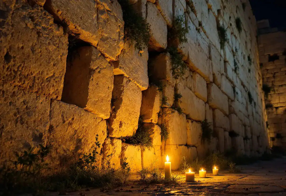 Bougies au pied des pierres du Mur occidental, la nuit