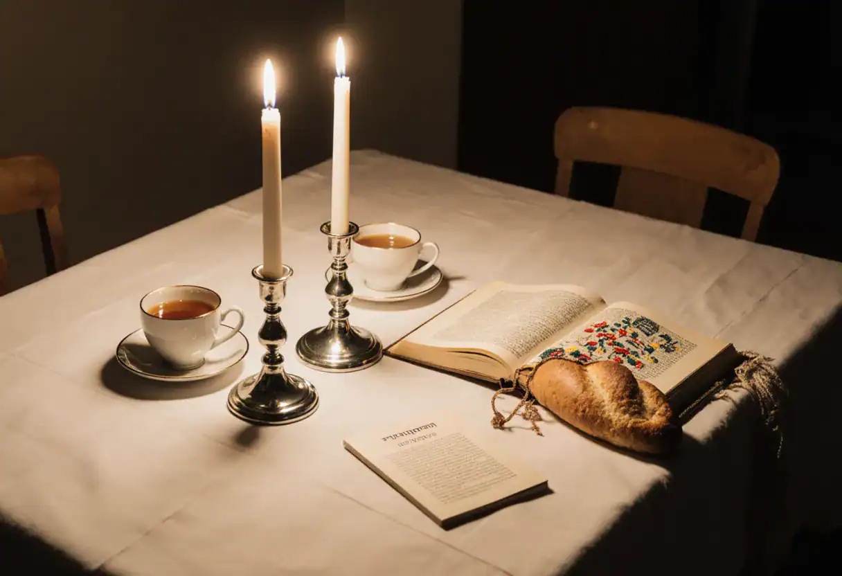 Une table de Chabbat avec un livre ouvert : la pensée juive se transmet aussi en famille