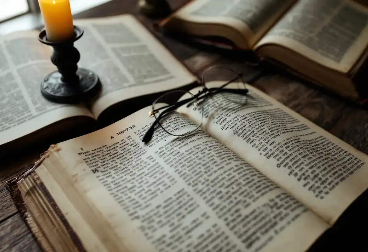 Livre de commentaires hébraïques ouvert sur une table d’étude