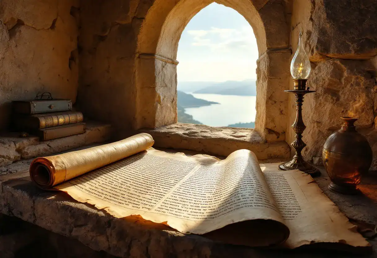 Manuscrit ancien déroulé près d’une lampe à huile, au bord du lac de Tibériade