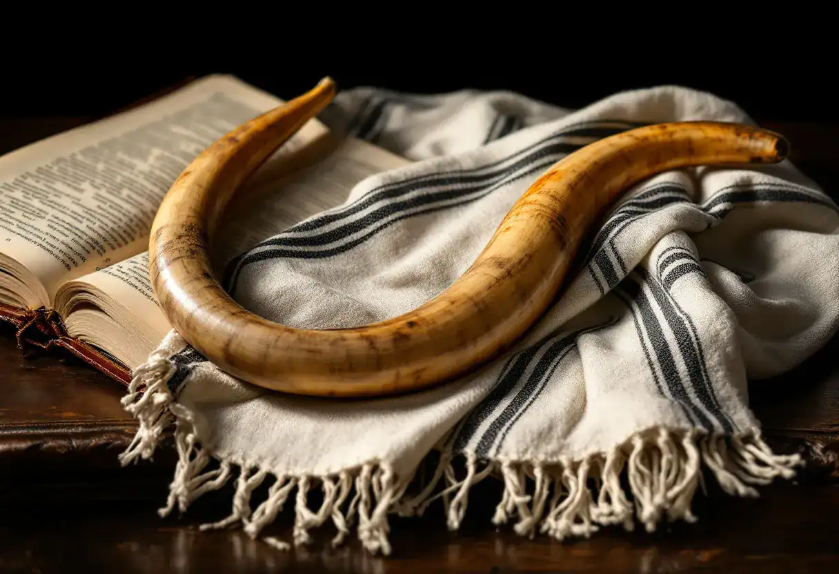 Un chofar posé sur un talit dans une synagogue au petit matin : le son qui réveille à Roch Hachana