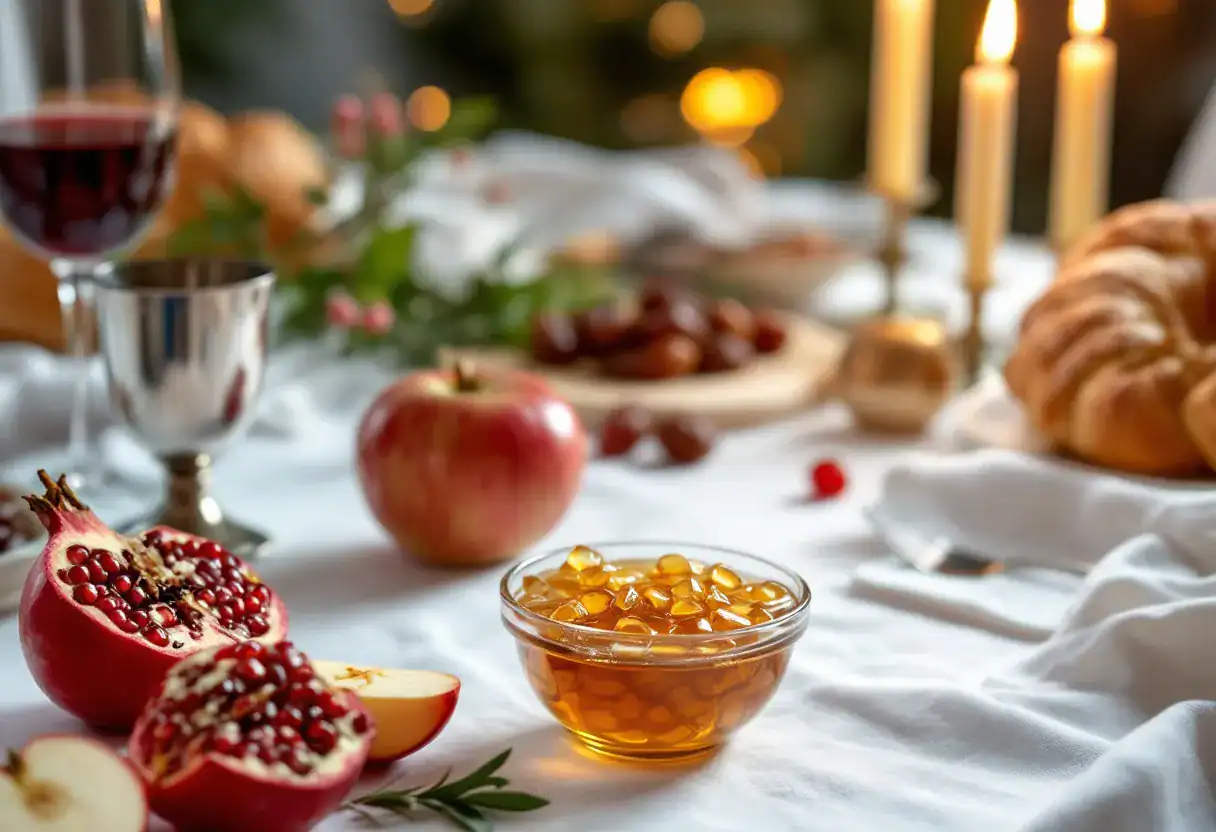 La table du soir de Roch Hachana : pomme au miel, grenade, dattes, hallot rondes et tête de poisson