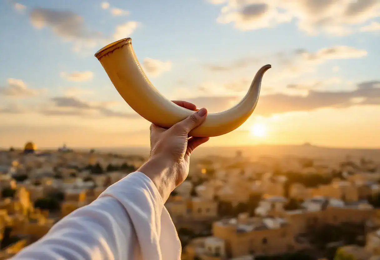 Un chofar levé face au lever du soleil sur Jérusalem