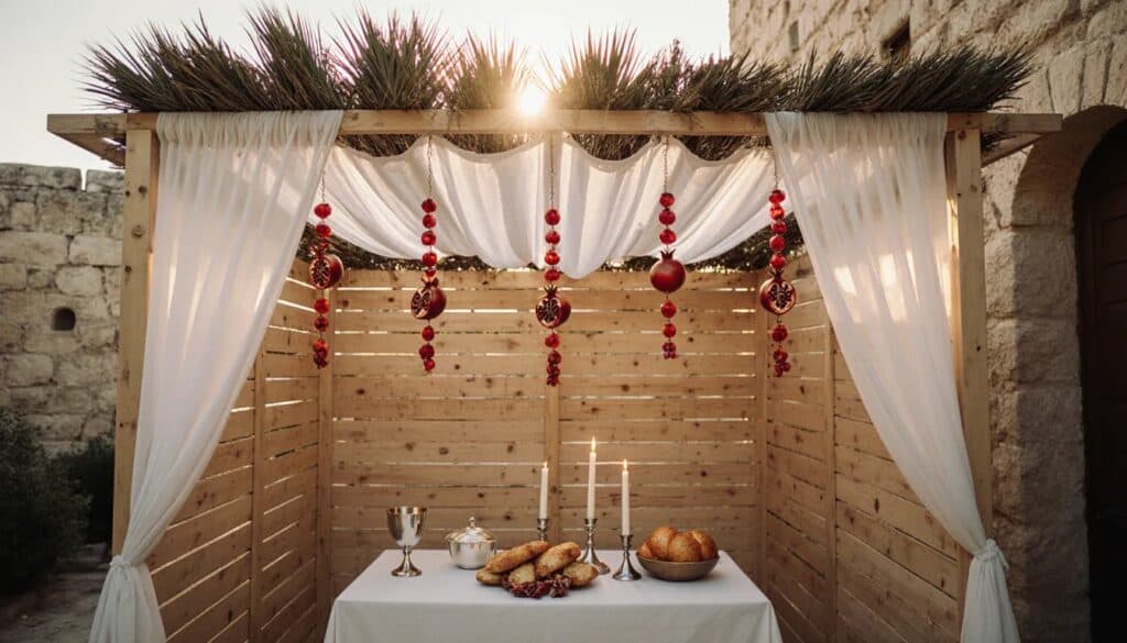 Une soucca au toit de palmes, table dressée pour le repas de fête