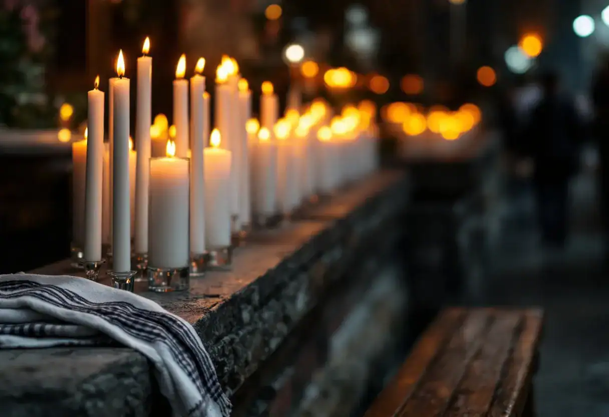 La synagogue à la veille de Yom Kippour : le rideau blanc de l'arche, les talitot pliés et les bougies du souvenir
