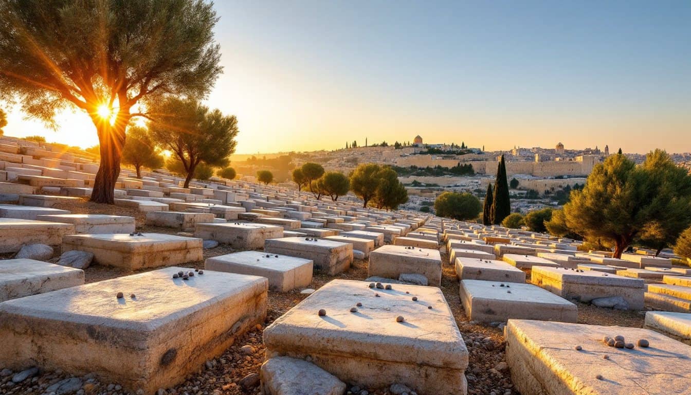 Le cimetière juif du mont des Oliviers dans la lumière dorée du soleil, tombes de pierre claire couvertes de petits cailloux, avec la vieille ville de Jérusalem à l’horizon