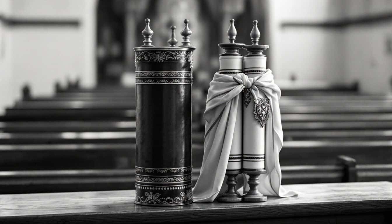 Deux rouleaux de la Torah côte à côte sur une table de lecture : l’un dans un étui rigide ouvragé, l’autre lié d’un tissu avec une plaque d’argent, dans une synagogue