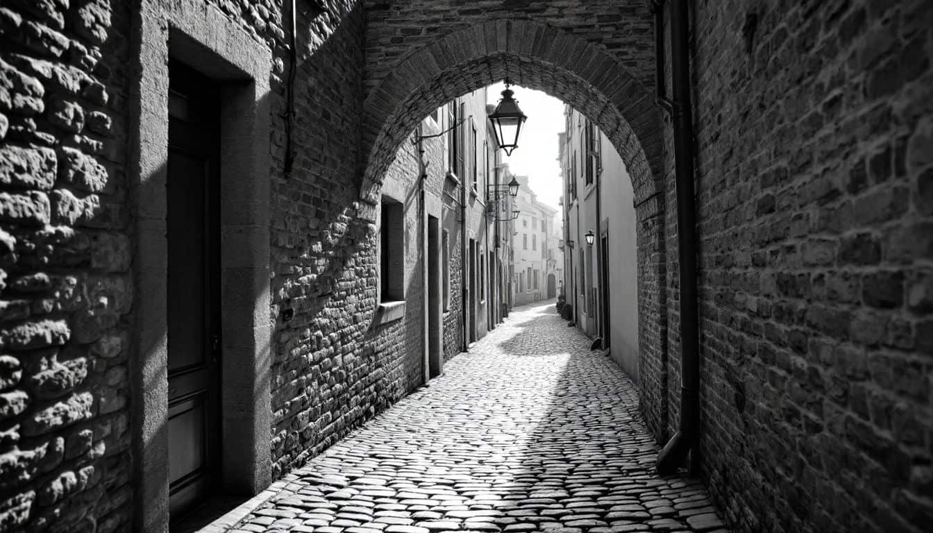 Ruelle pavée d’un ancien quartier médiéval, sous une arche de pierre, avec une lanterne suspendue