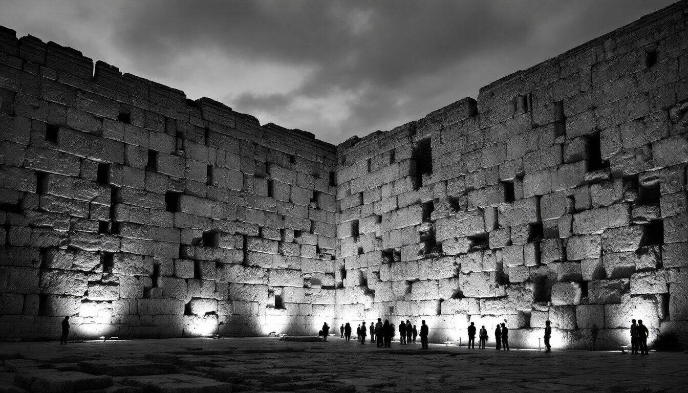 Grands blocs de pierre de taille d’un mur ancien de Jérusalem à la tombée du jour, quelques silhouettes de dos à son pied