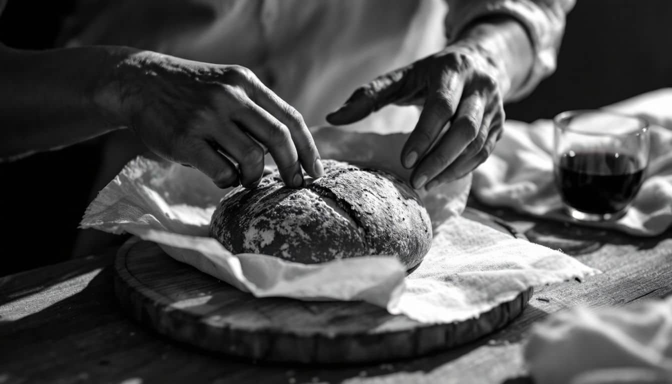 Mains rompant un pain rond posé sur un linge, avec un verre de vin sur une table en bois, photographie en noir et blanc