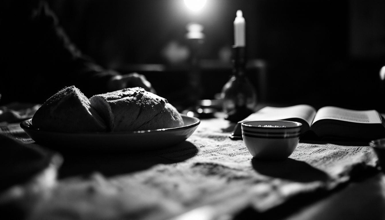 Table après le repas : pain sur un plat, petit bol de sel, livre ouvert et bougie, éclairage tamisé en noir et blanc
