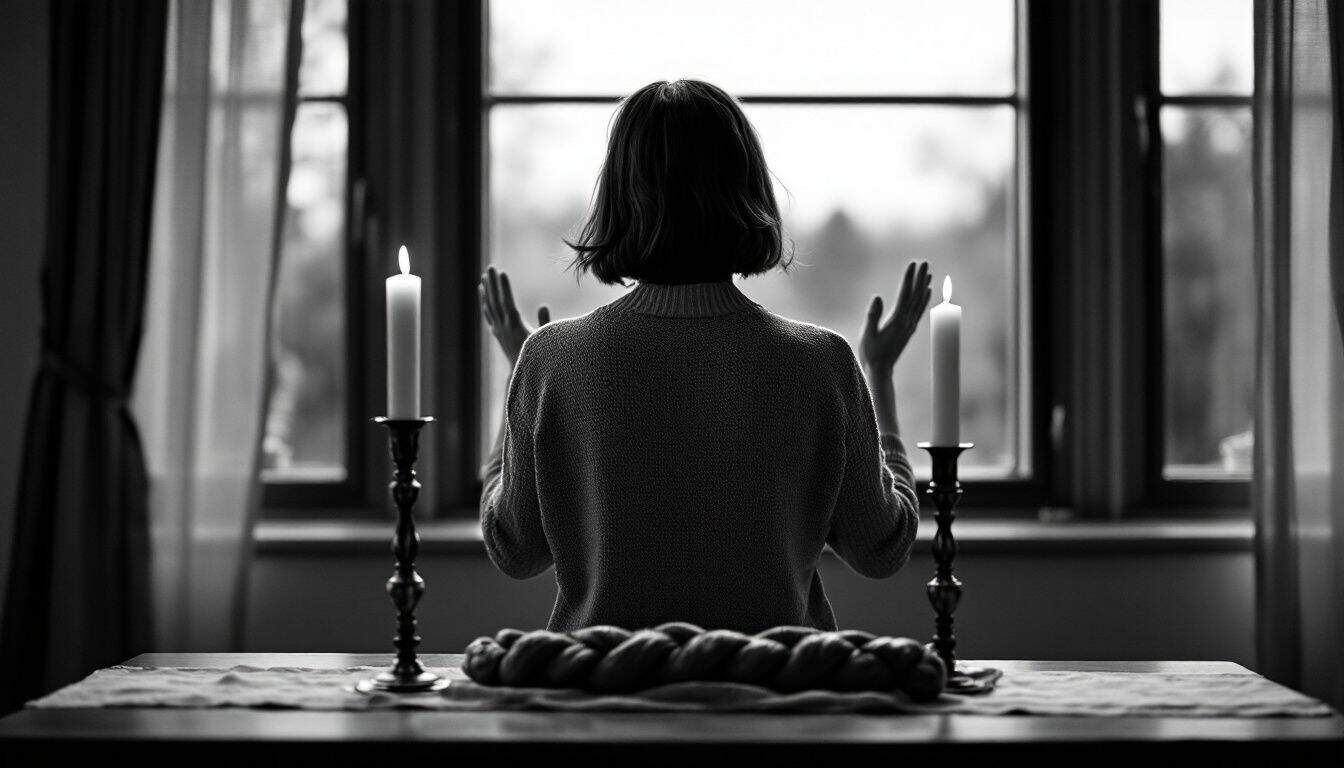 Femme vue de dos devant deux bougies allumées et une ’halla tressée, à la fenêtre, à la tombée du jour