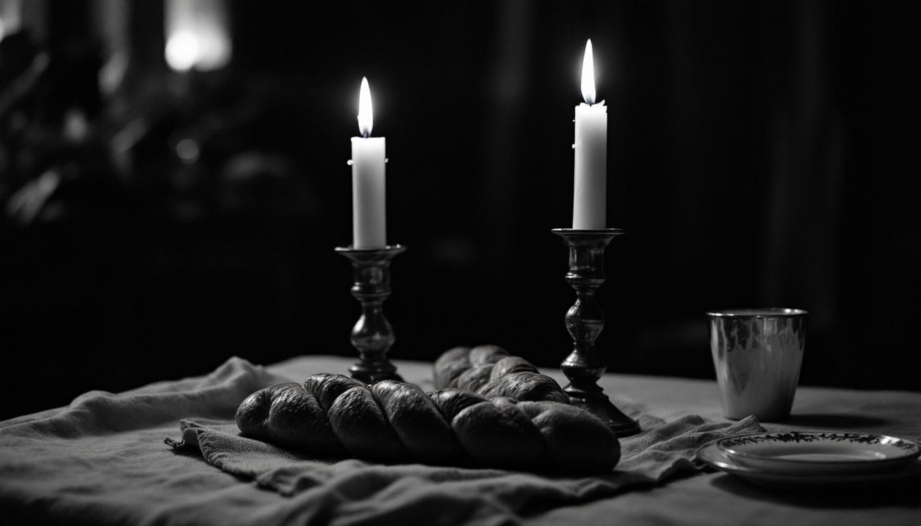 Deux bougies allumées dans des chandeliers d’argent, une ’halla tressée sous un tissu et une coupe de kiddouch sur la table du Chabbat