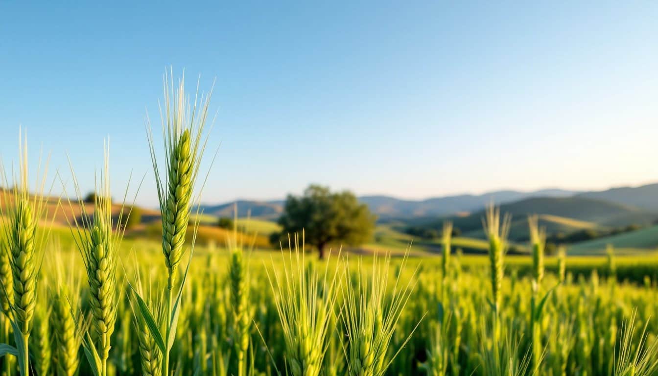 Épis d’orge verts au printemps dans un champ des collines de Judée, sous une lumière douce de fin d’après-midi