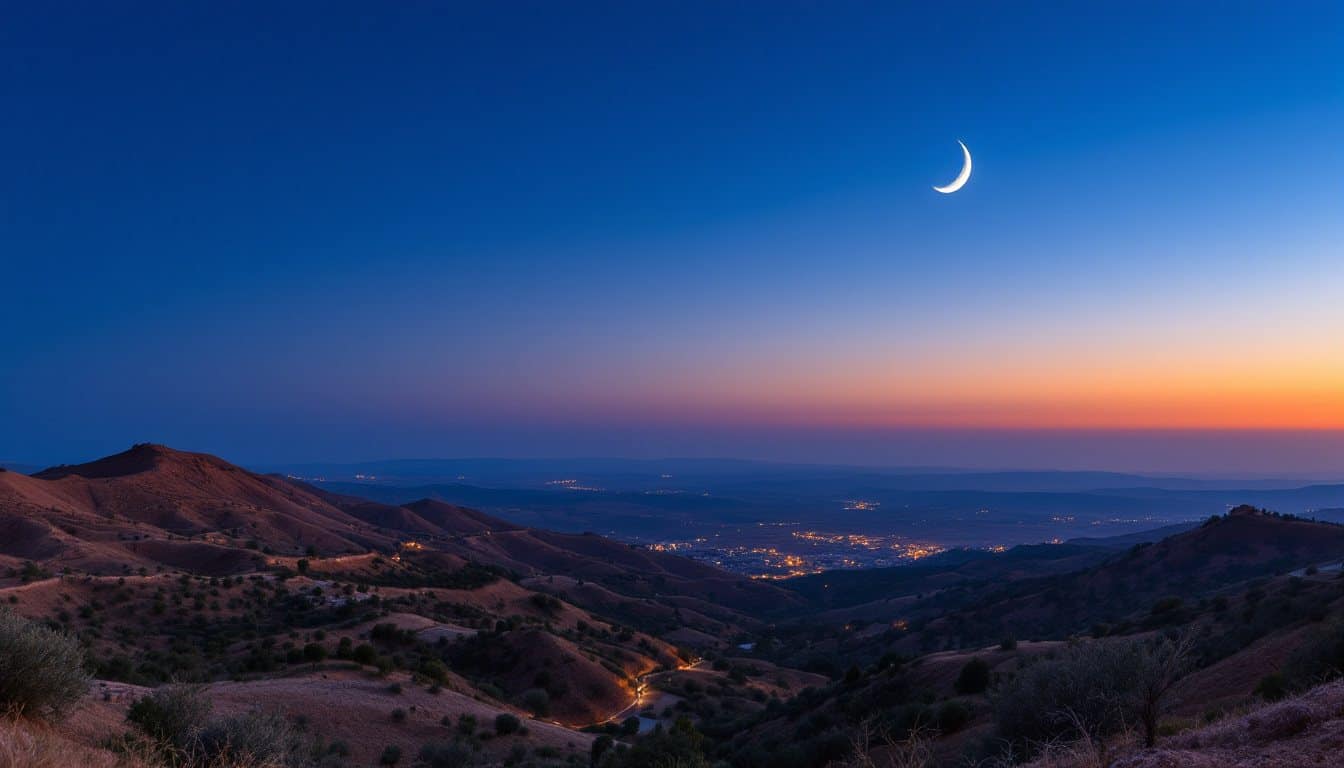 Un fin croissant de nouvelle lune dans le ciel bleu du crépuscule au-dessus des collines de Judée et des lumières d’une vallée