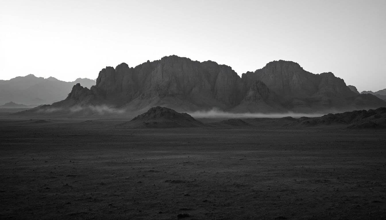 Montagne rocheuse du désert à l’aube, brume basse sur une vaste plaine déserte, en noir et blanc