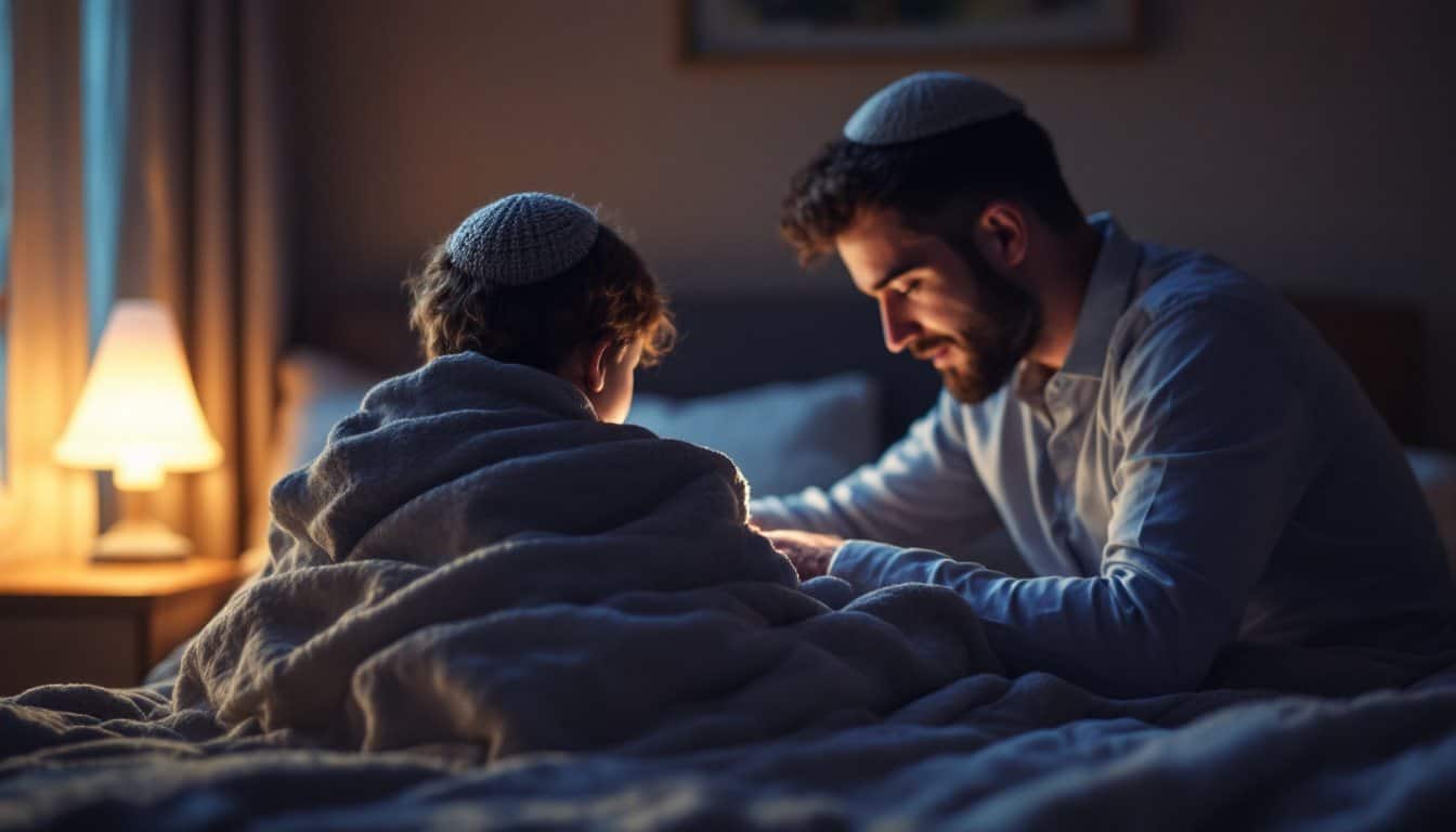 Le soir, dans une chambre d’enfant éclairée par une lampe de chevet, un père portant une kippa se penche vers son jeune fils pour dire le Chema avant de dormir