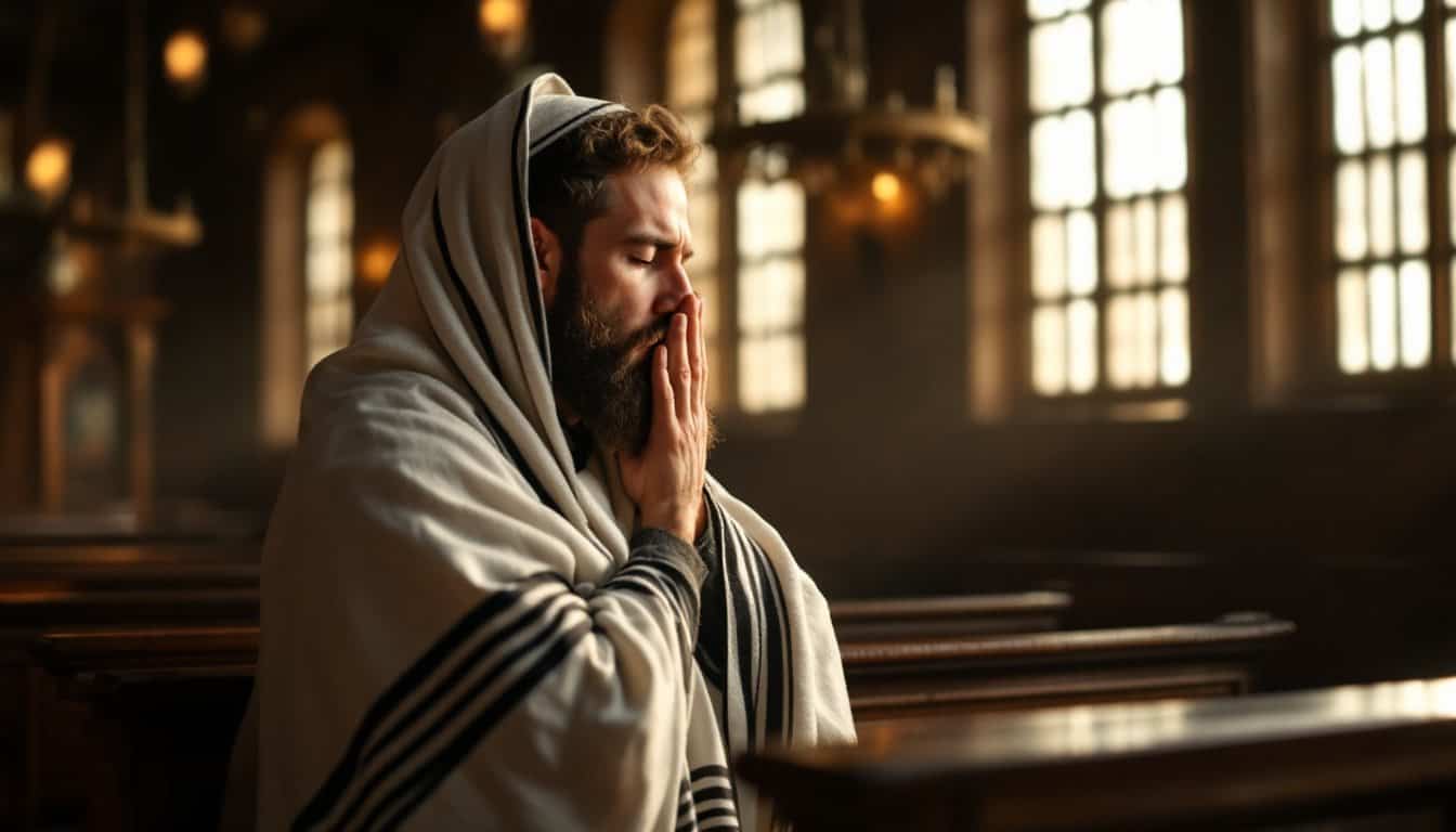 Dans une synagogue baignée de lumière dorée, un homme enveloppé d’un talit blanc rayé de noir prie les yeux fermés, la main portée au visage, recueilli