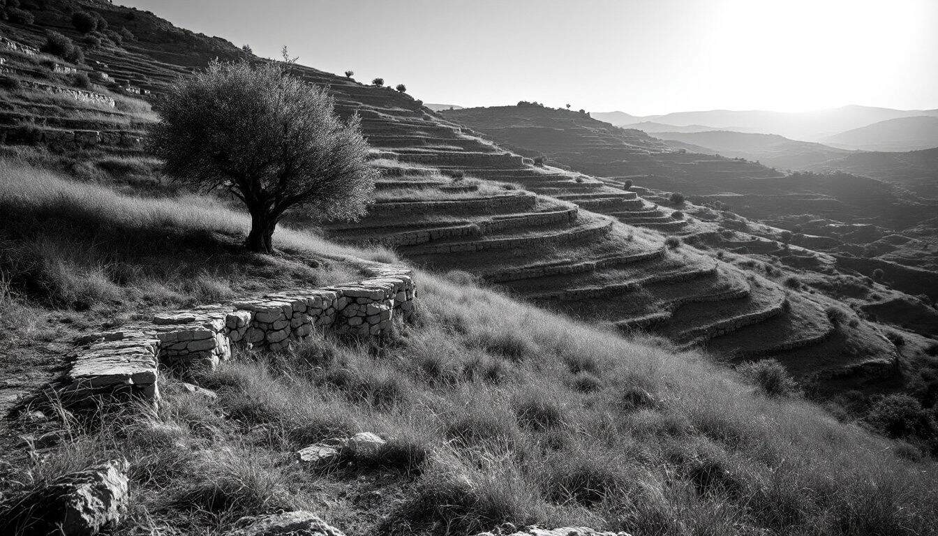Terrasses de pierre sur une colline de Judée avec un champ en jachère et un vieil olivier, photographie en noir et blanc