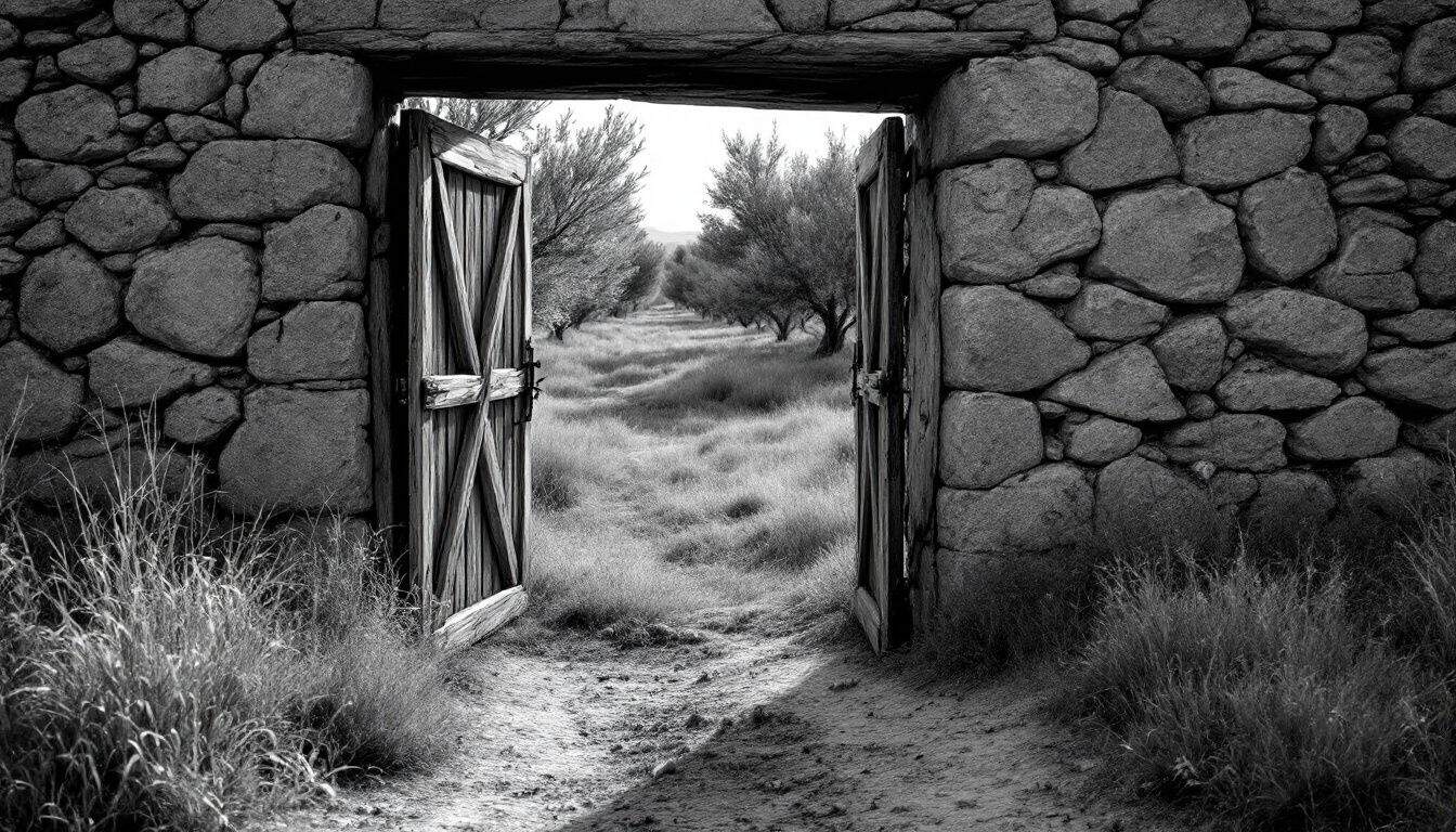 Portail de bois ouvert dans un muret de pierres sèches donnant sur un champ non labouré, photographie en noir et blanc