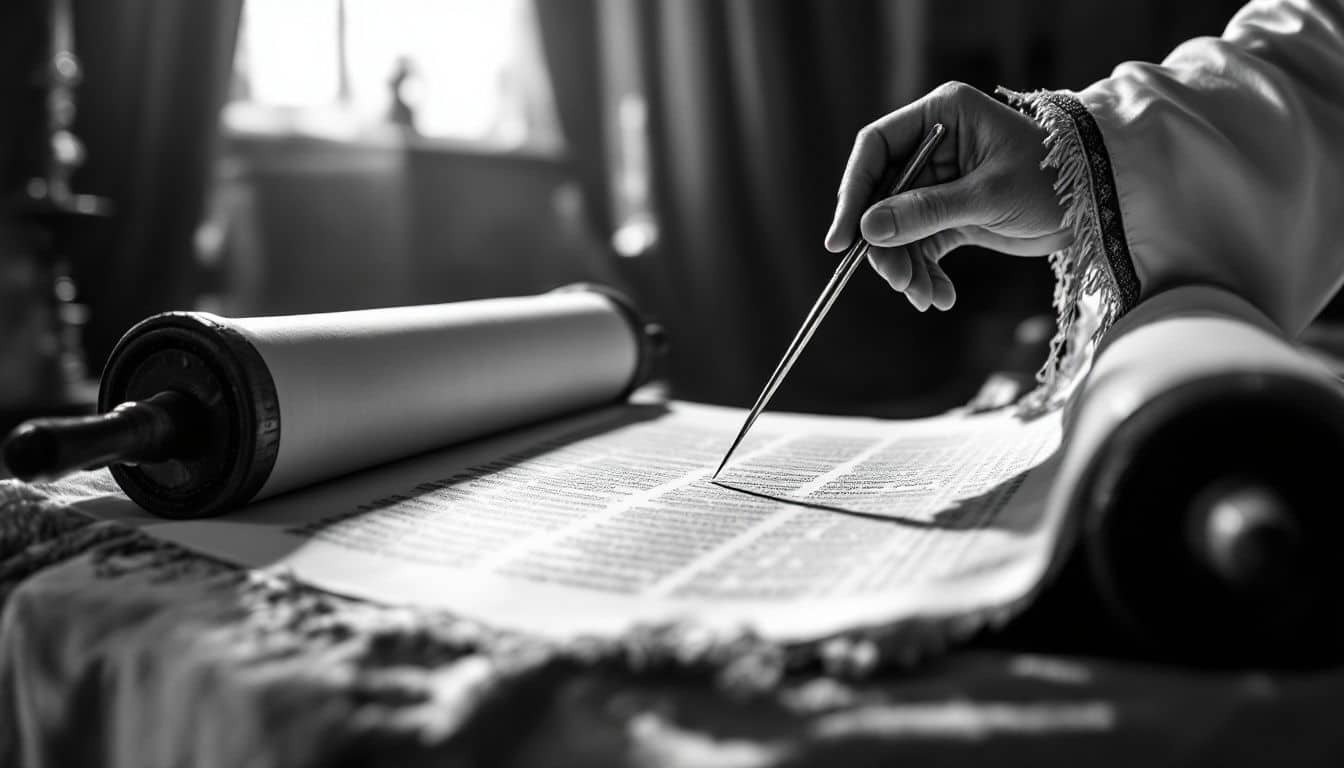 Rouleau de Torah déroulé, guidé par un yad d’argent, manche de talit en arrière-plan, lumière douce