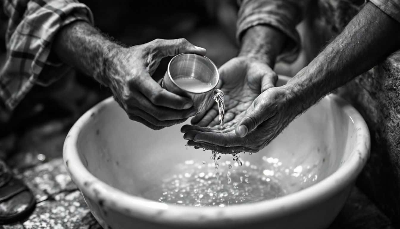 Mains versant l’eau d’une aiguière sur des mains tendues au-dessus d’une cuvette, avant la bénédiction des cohanim