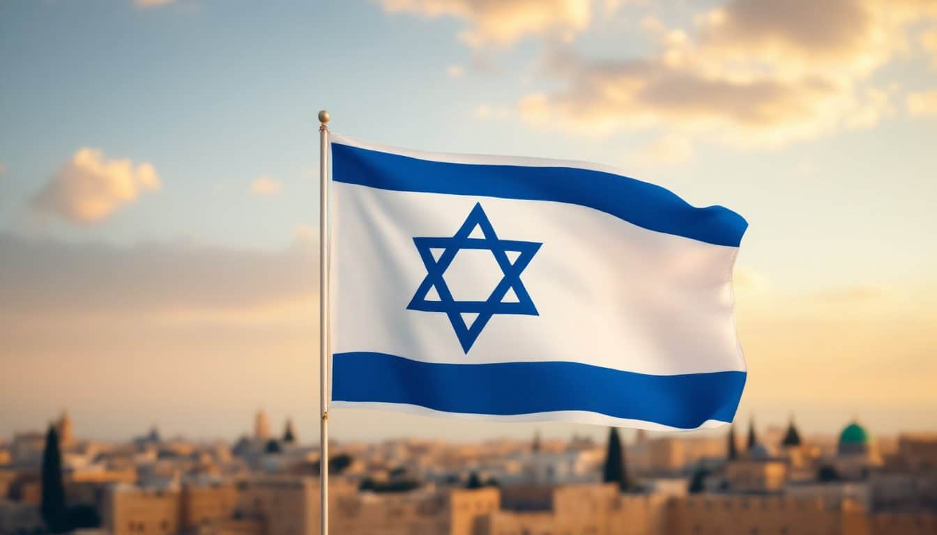 Le drapeau d'Israël, blanc à deux bandes bleues avec l'étoile de David au centre, flottant au-dessus des toits de Jérusalem au coucher du soleil