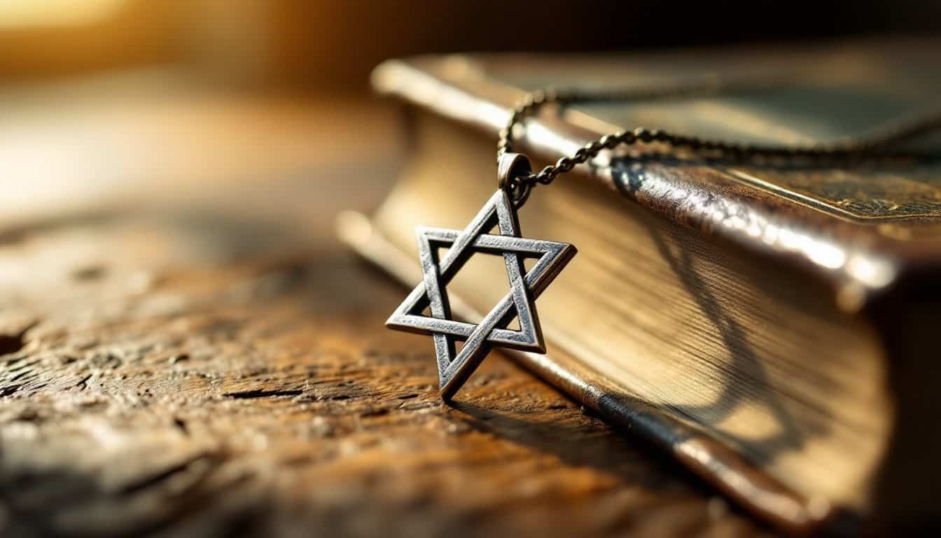 Pendentif en argent en forme d'étoile de David posé sur un vieux livre relié, sur une table en bois, dans une lumière dorée