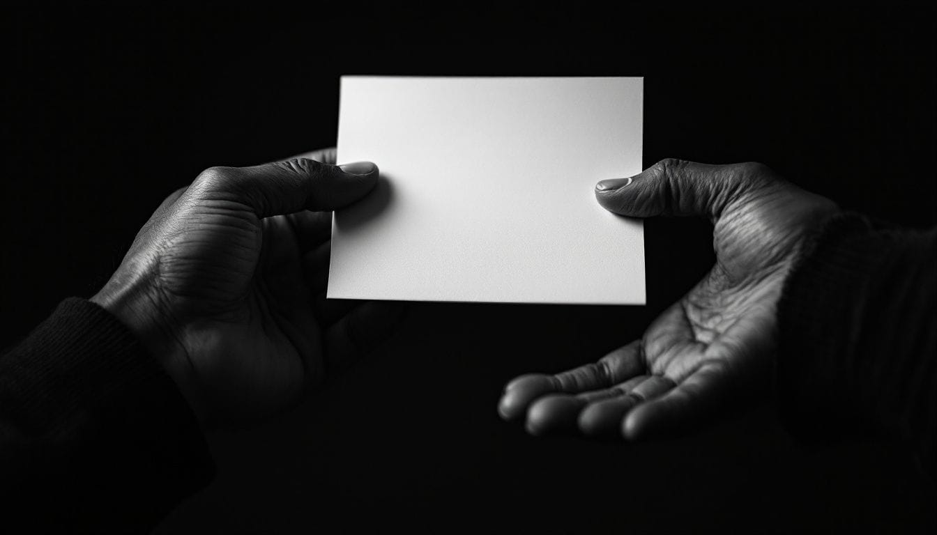 Deux mains, l’une tendant une feuille pliée, l’autre ouverte pour la recevoir, sur fond sombre