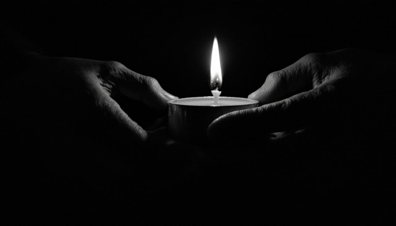 Deux mains entourant une petite flamme de bougie dans l’obscurité