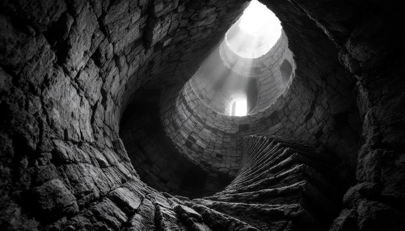 Escalier de pierre en spirale vu d’en bas, montant vers une ouverture lumineuse dans une tour ancienne