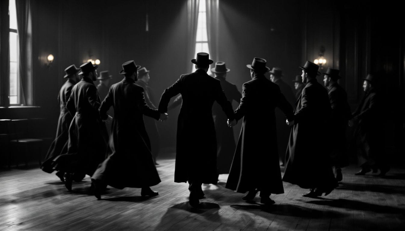 Silhouettes d’hommes en longs manteaux sombres et chapeaux, de dos, dansant en cercle dans une salle de bois à la lumière d’une fenêtre