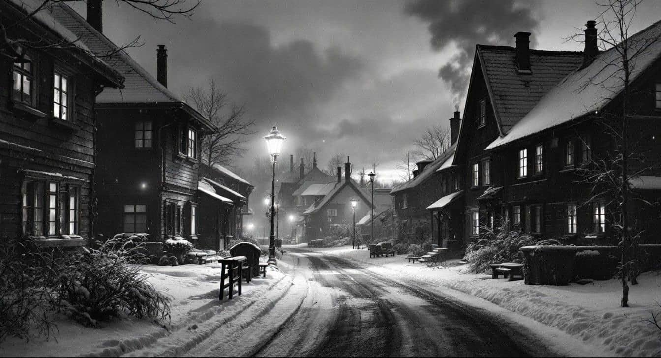 Rue enneigée d’une petite ville d’Europe de l’Est au crépuscule, maisons de bois aux fenêtres éclairées et fumée de cheminée