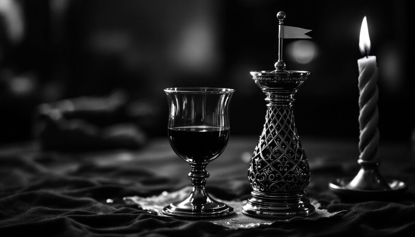 Coupe de vin et boîte à aromates en forme de tour, avec une bougie tressée allumée à l’arrière-plan