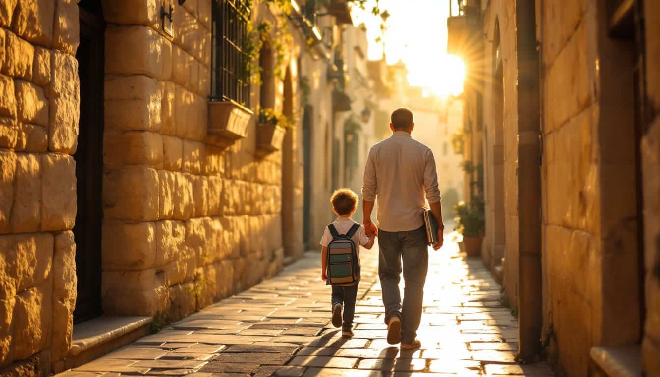 Un père et son jeune enfant, cartable sur le dos, vus de dos marchant main dans la main dans une ruelle de pierre de Jérusalem au soleil couchant